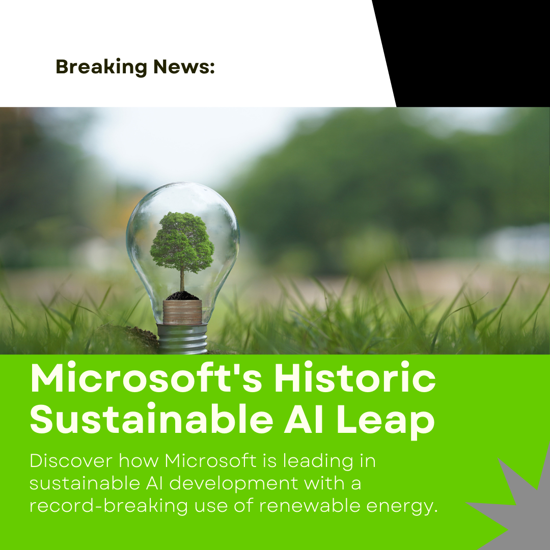 A poster with a tag line "Microsoft's Historic Sustainable AI Leap" with bulb