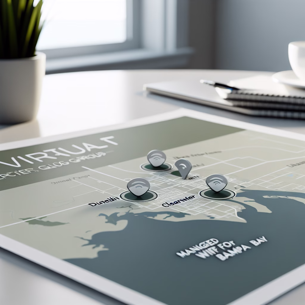 Map showing Virtual IT Group service areas including Dunedin Clearwater and Tampa Bay for managed WiFi services for Dunedin businesses